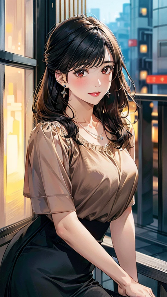 (masterpiece:1.3, highest quality, Ultra-high resolution, Super detailed), (Realistic, photoRealistic:1.4), Beautiful illustrations, Perfect lighting, colorful, Depth of written boundary,
Beautiful detailed hair, Beautifully detailed face, Beautiful fine details, Beautiful clavicle, Beautiful body, Beautiful breasts, Beautiful thighs, Beautiful feet, Beautiful fingers,
View Viewer, Front view:0.6, 1 girl, Japanese, Female college student, Perfect Face, (Perfect Anatomy, Anatomically correct), Cute and symmetrical face, Baby Face, , Shiny skin,
((Brown blouse:1.4, Black long skirt:1.4)),
(Black Hair, Updo Hair:1.4), Brown eyes, Long Eyelashes, (Medium chest), thin,
necklace, Earrings,
(Beautiful views), evening, (city, cityscape in the distance), Are standing, (Place your hand on your chest), (Smile, Lips parted),