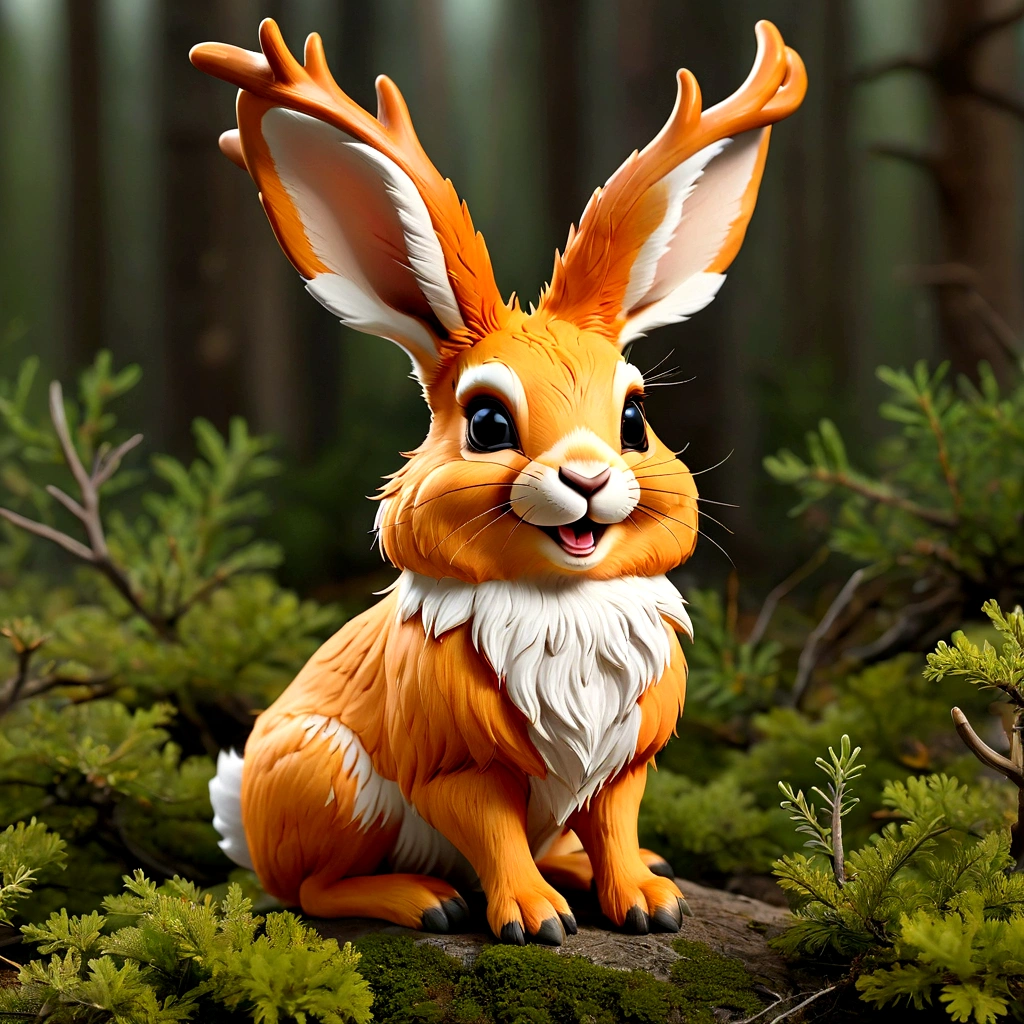 Very cute jackalope .Best Quality , Very delicately beautiful, Very detailed ,unit , Very detailed,smile,orange fur,Sitting,