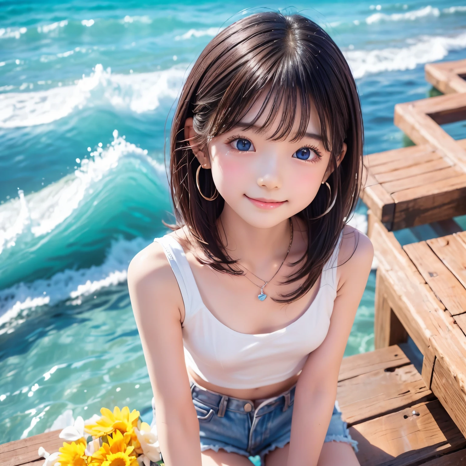 (cute face,brown eye: 1.3), (detailed face: 1.3), extra short hair, sidelocks-hair, smiling face, earrings, necklace, 1 girl, alone, blue sky, sea, short skirt, (Very detailed background: 1.0), (Very detailed background: 1.0)