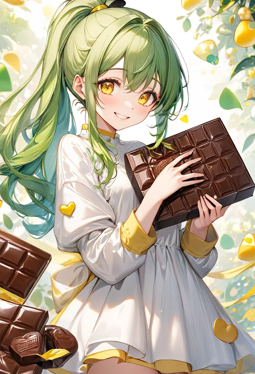 (15 yo, solo ponytail green hair long hair cute girl, cute yellow eyes, love smile), (hand holding a biggest shape of number 3:1.5 for chocolate), perfect anatomy, masterpiece, best quality, 16k, beautiful detailed grow, daydreaming expression.
