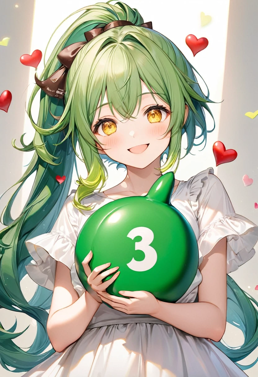 (15 yo, solo ponytail green hair long hair cute girl, cute yellow eyes, love smile), (hand holding a biggest shape of number 3:1.5 for chocolate), perfect anatomy, masterpiece, best quality, 16k, beautiful detailed grow, daydreaming expression.