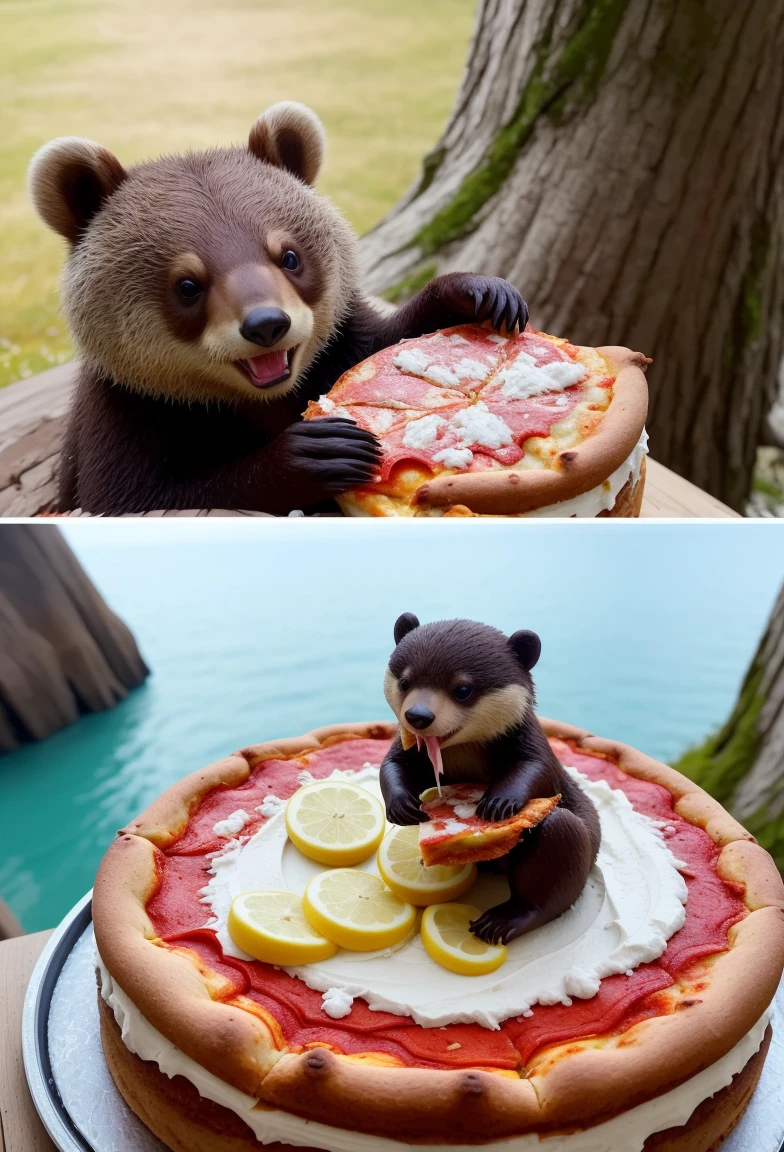There is a bear, who eats a slice of pizza, Cute forest creature, Sergey Zabelin, Miniature bear cub, 8K)), The cutest, Whoah, alexey egorov, Emma Andievskaya, Cute otter sailor eating cake, Alexander Gerimsky, 🐿🍸🍋, in style of kyrill kotashev