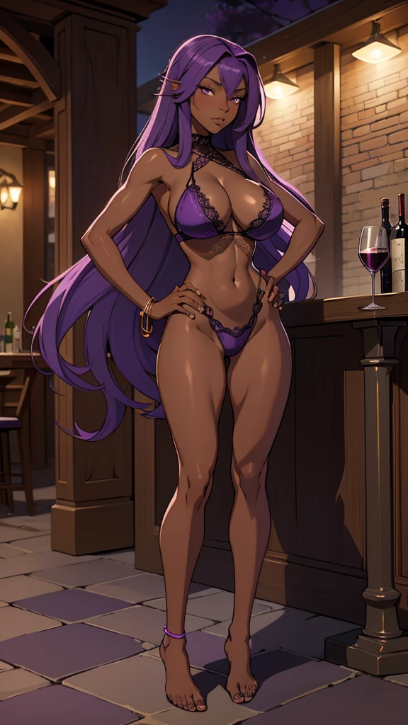 Masterpiece, best quality, Masterpiece, best quality, 1 woman, black skin , Long Lilac Hair , purple hair. , shy , sly face , tubeless shy , purple lace bikini , big breasts , , abdomen , Long legs , Put your hands on your hips.... , One hand holding a wine glass , Barefoot , full body , pub , bar , at night