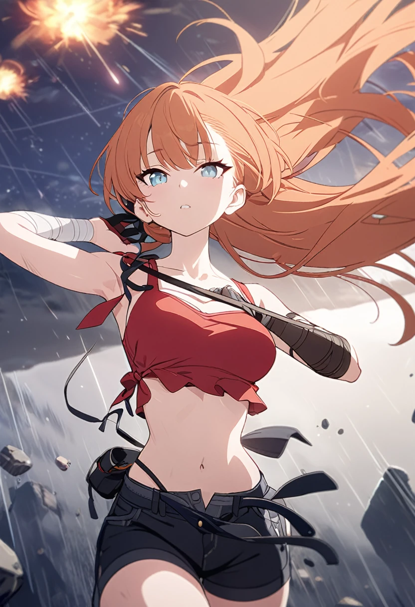 ((Best Quality, 8K, Masterpiece: 1.3)), 1girl, Beauty: 1.3, (Hairstyle wild Casual,) floating, meteors raining down, red crop top, black shorts, left leg is red mechanical, right arm is tied with bandages, right arm has a glove that goes till the bicep ,long hair, orange hair with blue tips, untied hair, orange hair color, Super Fine Face,