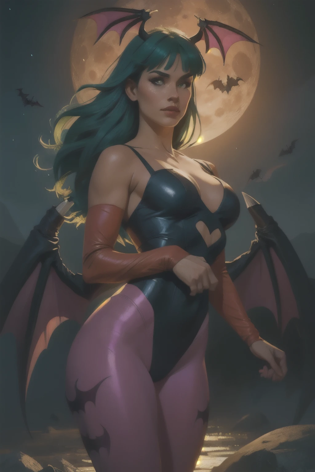 Realistic oil paint portrait of Morrigan Aensland, moonlight, hot Body, Dynamic sensual pose, soft smile, long green hair black costume , (((Bat wings))) , Hot body, athletic, ((camel toes)), purple legs, detailed skin Textures, intricate, detailed face, hyperrealistic, realistic light and shadows , ((cinematic lighting)) . Poetic moon lighting background.
