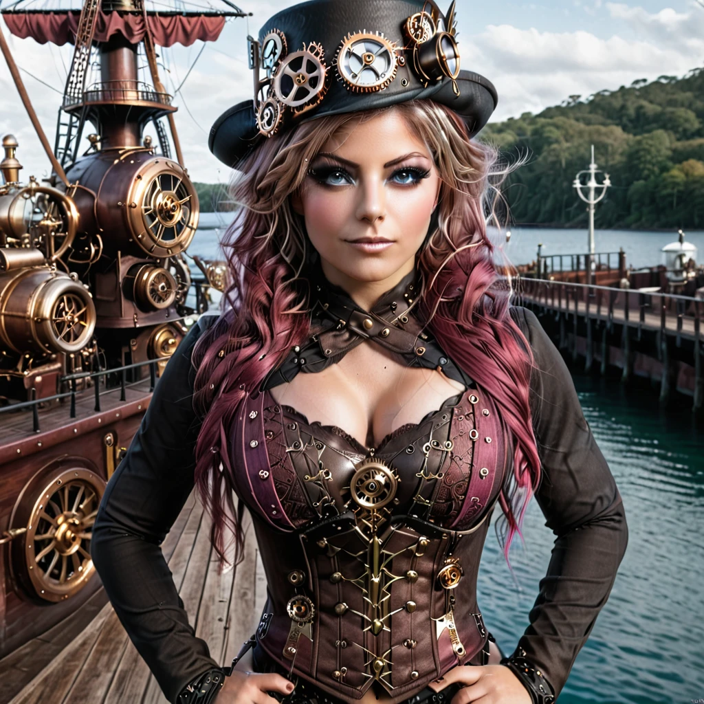 Photograph of sexy steampunk slut Alexa Bliss (bebe Rexha), full body image, showing her steampunk breasts, (extremely detailed face and eyes:1.5), steam punk, steampunk era, standing on a dock, pirate ships, elegant flowers, a gorgeous auburn hair, (pink and black steampunk_costume:.5),, (Masterpiece, best quality, highres:1.2), (photo realistic:1.2),raw photo, SteamPunk steampunk_costume, corset, hat, breasts, nipples, exposed, nsfw, nudity, MAD-STPK-GGLS, MAD-STPK-FLCP, MAD-STPK-HT