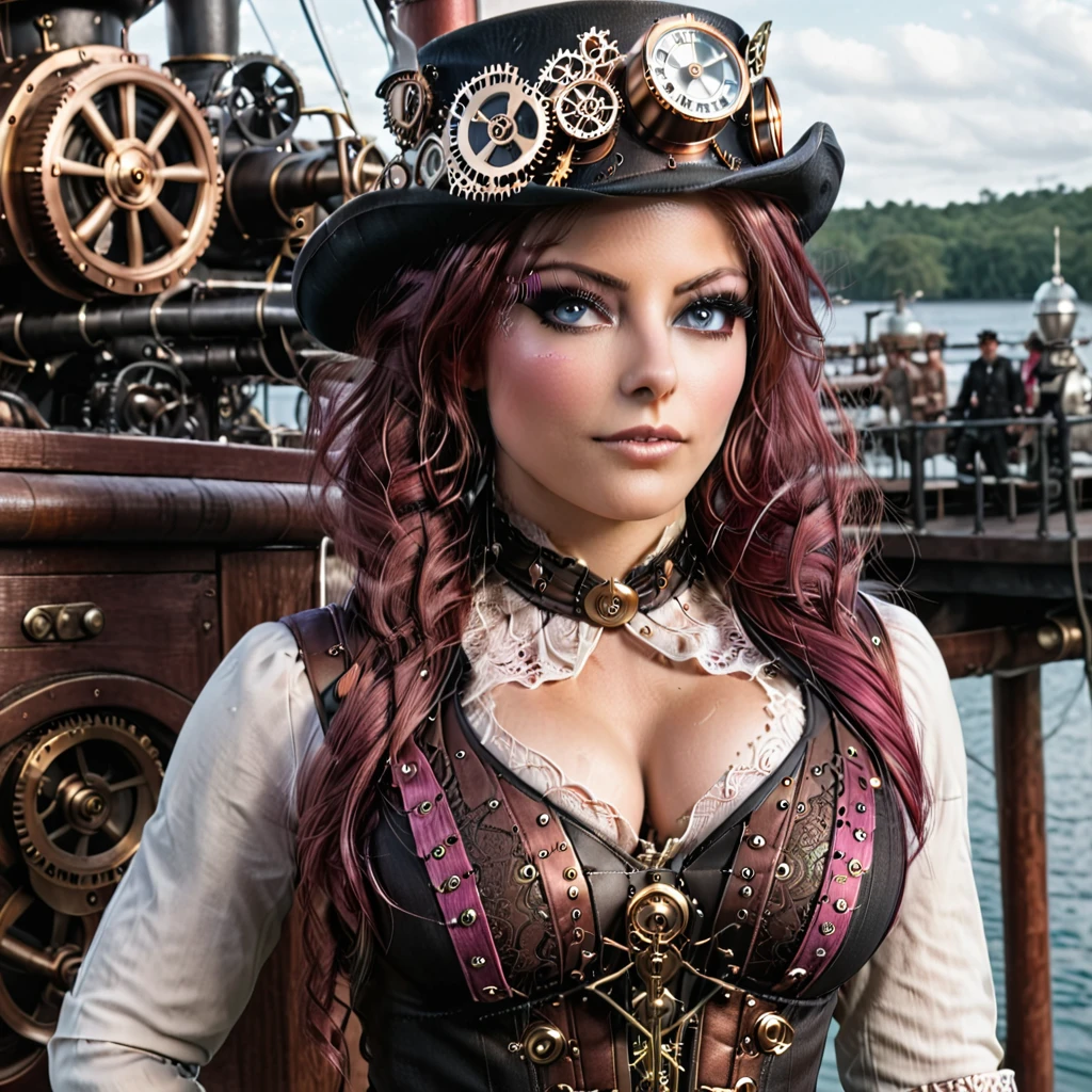 Photograph of sexy steampunk slut Alexa Bliss (bebe Rexha), full body image, showing her steampunk breasts, (extremely detailed face and eyes:1.5), steam punk, steampunk era, standing on a dock, pirate ships, elegant flowers, a gorgeous auburn hair, (pink and black steampunk_costume:.5),, (Masterpiece, best quality, highres:1.2), (photo realistic:1.2),raw photo, SteamPunk steampunk_costume, corset, hat, breasts, nipples, exposed, nsfw, nudity, MAD-STPK-GGLS, MAD-STPK-FLCP, MAD-STPK-HT