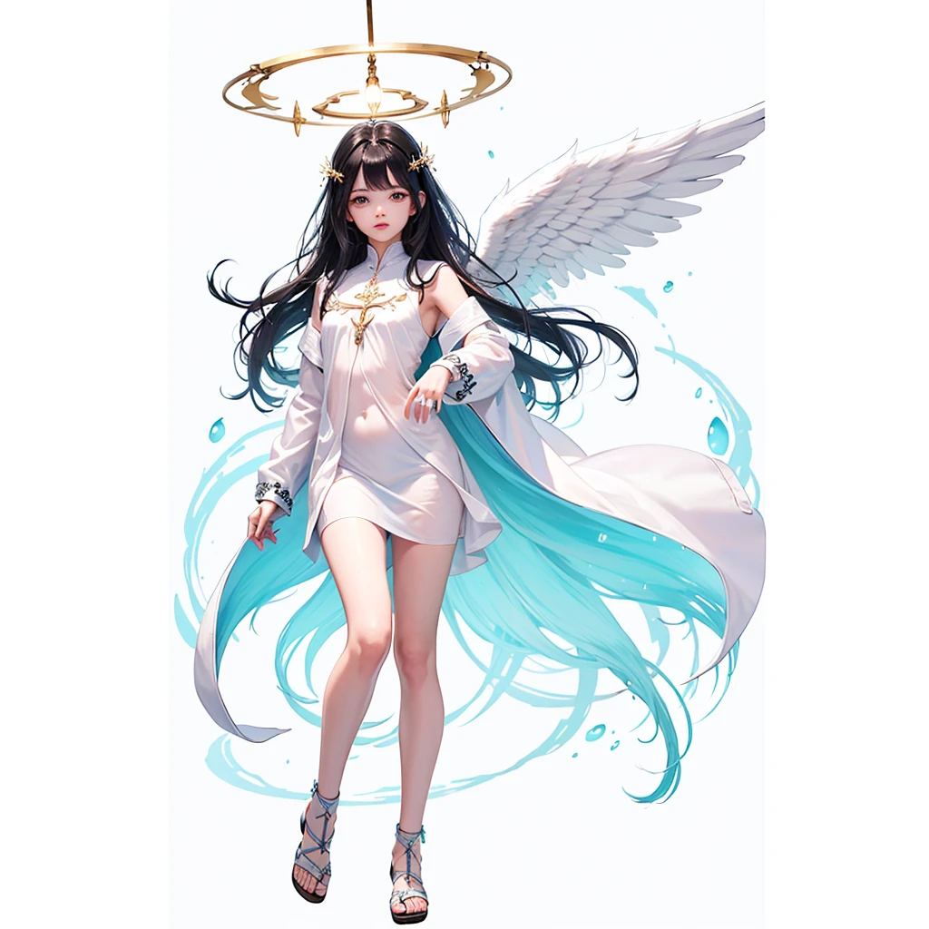 Biblically accurate angel, multiple eyes, rings of fire, cute, long black hair, thone, androgenous, long white tunic,  blue light pink and white color scheme,