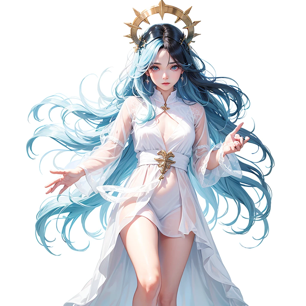 Biblically accurate angel, multiple eyes, rings of fire, cute, long black hair, thone, androgenous, long white tunic, baby blue light pink and white color scheme,
