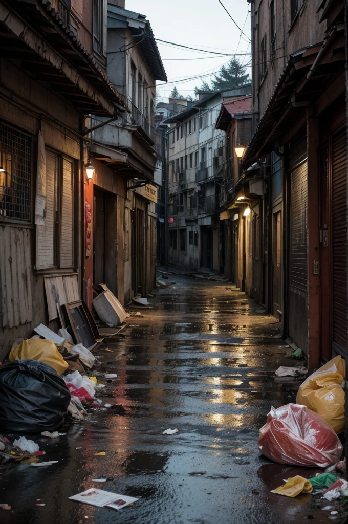 world scenario dominated by trash with reddish ambiance