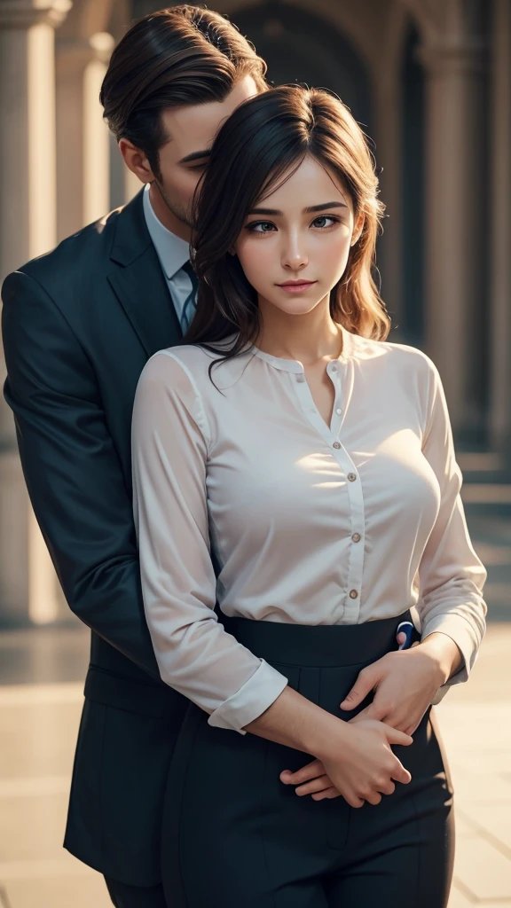 best quality,realistic,man in suit,beautiful woman,hugging from behind,seamless interaction,detailed facial features,gentle expression,tasteful background setting,romantic atmosphere,warm lighting,vivid colors,professional photography,soft focus,blurred background,subtle elegance,artistic composition,high-resolution,love and affection,lovers,emotional connection,embrace,