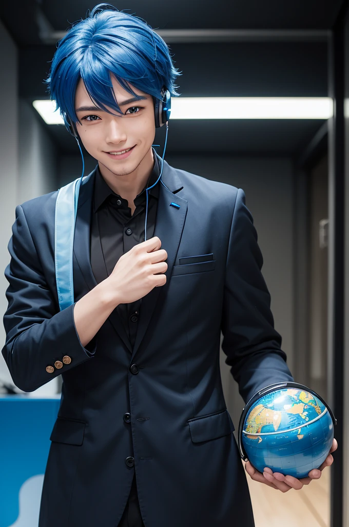 Create an image of a blue-haired male anime character wearing a headset in a black business outfit who in one hand holds a globe with a smile and a thinking expression