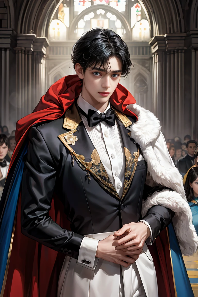 masterpiece, 最high quality, high quality, 1 boy, alone, Male focus, Watching the audience, Messy black hair, Adorable big blue eyes, White, Noble, Noble,Sexy voluminous cape、Tuxedo、A very voluminous, large, very large, very large, long, long red and black cape with a high stand-up collar, reaching down to the floor, made of a lot of fabric., 17 years old,Cute beautiful boys,Cute, cute, kind, handsome guy