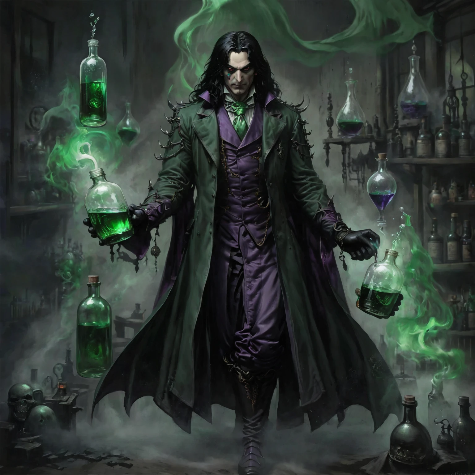 fullbody image, evil alchemist, oozemaster, male, 50 years old, masked half-vampire, long black hair, black gloves, a lot of alchemic bombs, glass bottles, alchemist lab, oozes companions, magnetic and disturbing gaze, dress in black green and violet ((best quality, masterpiece, representative work, official art, professional, ultra intricately detailed, 8k)) ((very realistic))
