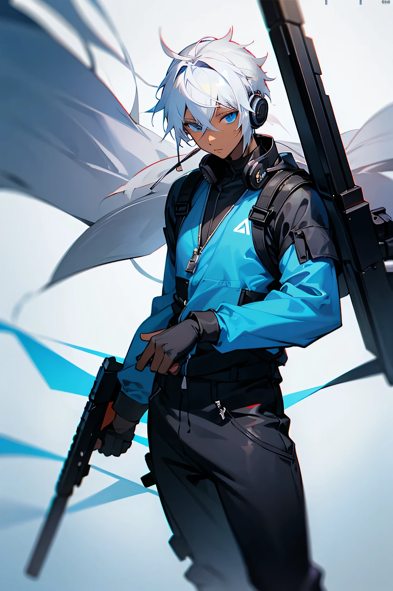 Young adult, Male, white hair, blue Eyes, African American skin color, black jumpsuit, headphones, Armed.