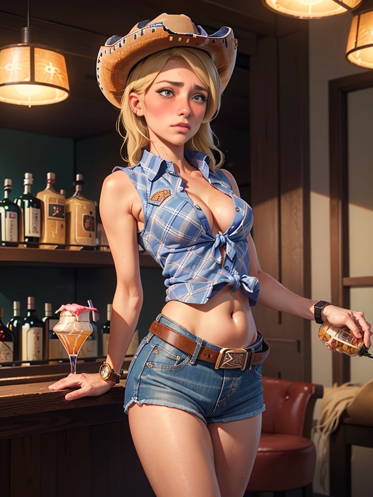 (((1 person:2.0))),(((Cowgirl Costume))),(((Slim Body 1.5))),(((Small Ass))),(((Denim mini skirt))),(((Wear a western hat))),(((Wearing one belt))),(((He is wearing a sleeveless collared shirt, Plaid, Front tie shirt.))),(((Wear an accurate watch))),(((Sandals))),(((Showing cleavage))),(((Showing your belly button))),(((Exposing thighs))),(((Small breasts:1.5))),(((Bare arms))),(((Her hair is blonde))),, Beautiful detailed girl, Very detailed目と顔, 緻密でBeautiful Eyes, Very detailed, High resolution, highest quality, masterpiece, Very detailed, 8k wallpaper, wonderful, finely, highest quality, The light shines on your face,(((indoorの酒場:1.5))),((indoor)),Beautiful Eyes,(((Blushed:1.2))),(((Cowboy Shot:1.5))),(((Open your mouth:0.5)),(((hiccups:1.2)))