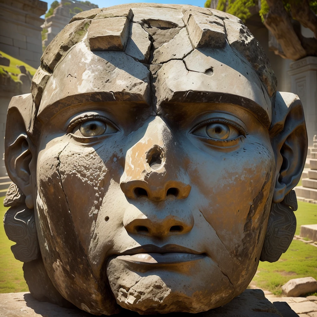 a close up of a stone Cabeza with a face on it, large Cabeza, ancient alien Cabeza estatua de piedras, giant Cabeza statue ruins, Cara de piedra, aztec god, gigantic man Cabeza, maya god, maya, cara mostrando, cara mostrada, cara frontal, large foreCabeza, estatua de piedra, Cabeza, Rostro romano, olmeca, con rasgos faciales detallados, Moai, busto muy grande