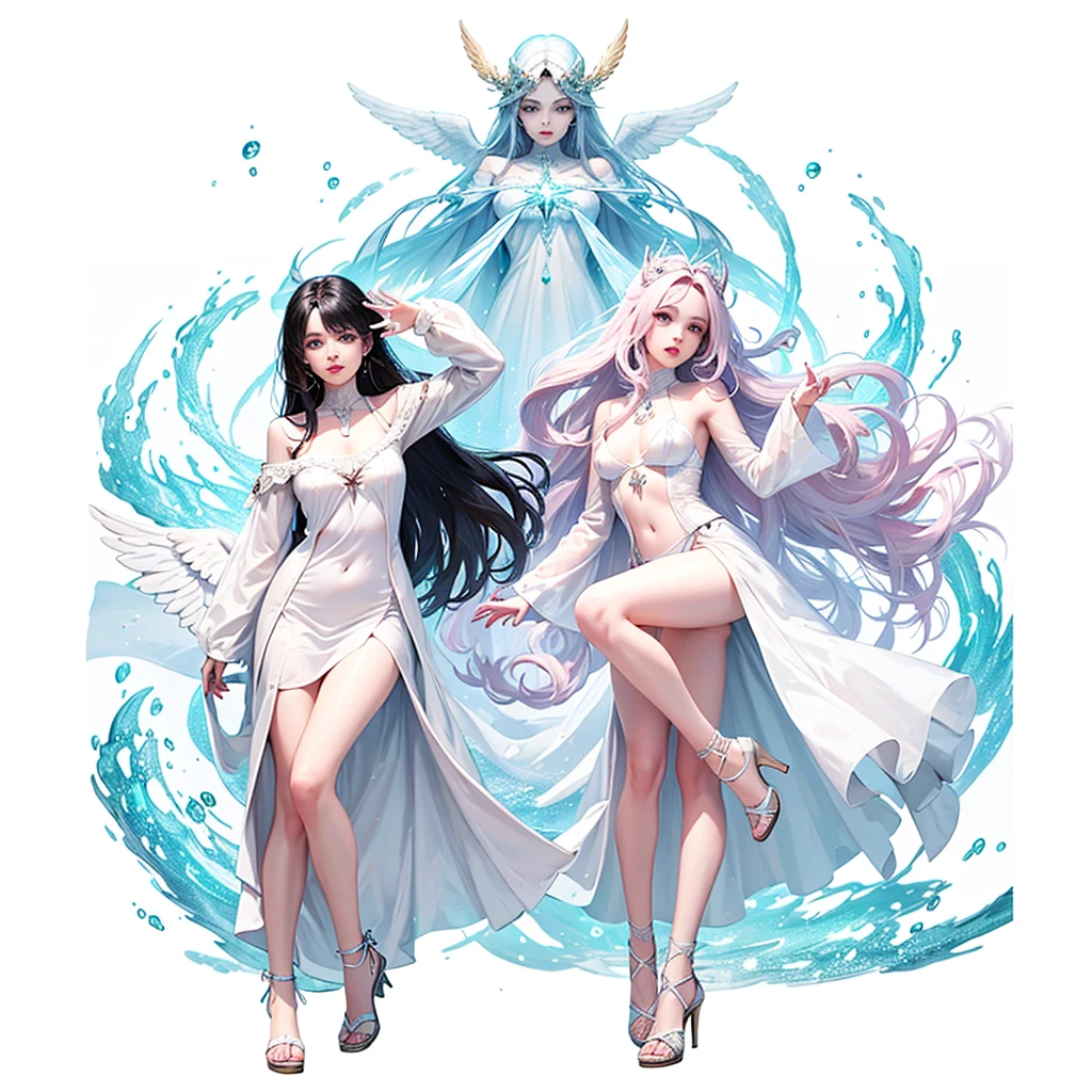 Biblically accurate angel, multiple eyes, rings of fire, cute, long black hair, thone, androgenous, long white tunic, blue light pink and white color scheme,