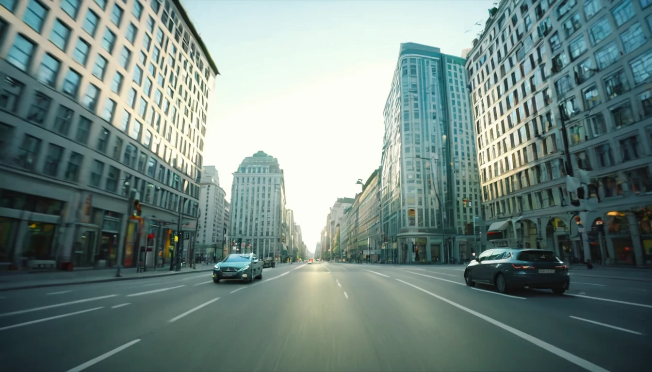 first person view, driving a car, in a city, several buildings, late afternoon, no people on the streets