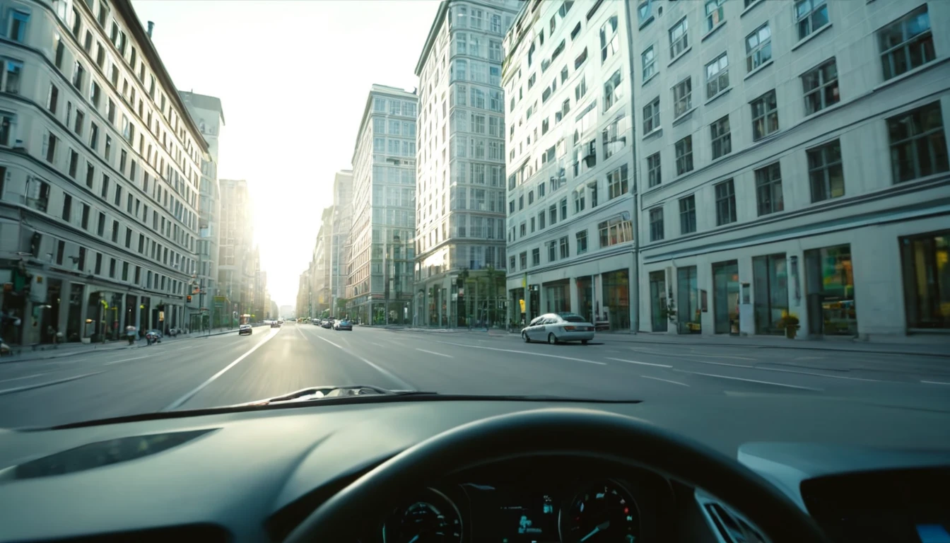 first person view, driving a car, in a city, several buildings, late afternoon, no people on the streets