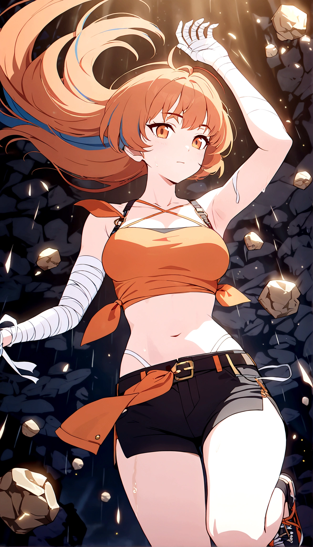 ((Best Quality, 8K, Masterpiece: 1.3)), 1girl, Beauty: 1.3, (Hairstyle wild Casual,) floating, meteors raining down, red crop top, black shorts, left leg is red mechanical, right arm is tied with bandages, right arm has a glove that goes till the bicep ,long hair, orange hair with blue tips, untied hair, orange hair color, Super Fine Face,