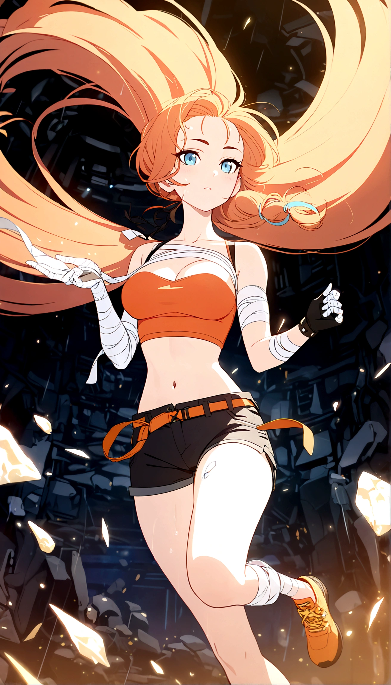 ((Best Quality, 8K, Masterpiece: 1.3)), 1girl, Beauty: 1.3, (Hairstyle wild Casual,) floating, meteors raining down, red crop top, black shorts, left leg is red mechanical, right arm is tied with bandages, right arm has a glove that goes till the bicep ,long hair, orange hair with blue tips, untied hair, orange hair color, Super Fine Face,