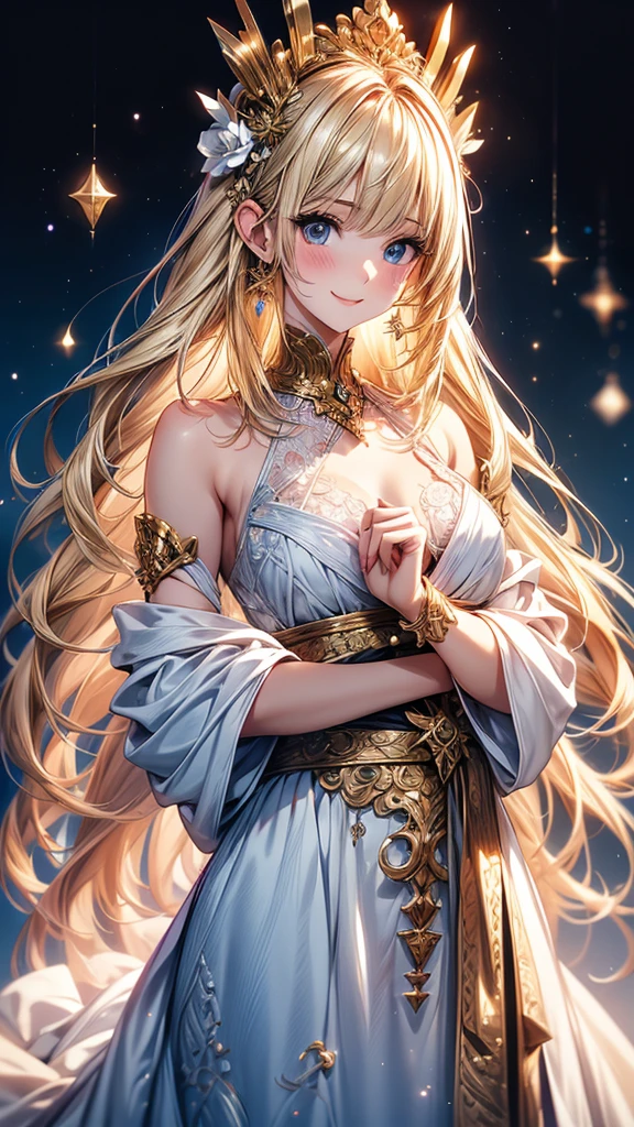 Highly Detailed CG Unity 8K Wallpaper, pretty girl, Mature blonde girl, Half Up,beautiful girl, Hot Maiden, Pale skin (super masterpiece, Fantasy art with intricate detail:1.5,Beautiful person, Well detailed face polluted smile, Her flat chest is completely hidden by her dress、Realistic, Surreal), Pray to the stars,Girl holding cute white cat with big eyes in her arms