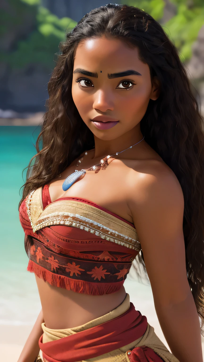 moana, 1girl, solo, long hair, breasts, brown hair, brown eyes, jewelry, parted lips, artist name, dark skin, water, necklace, dark-skinned female, lips (masterpiece:1.2), (best quality), (ultra detailed), (8k, 4k, intricate),(full-body-shot:1), (highly detailed:1.2),(detailed face:1.2),(detailed background),detailed landscape, (dynamic angle:1.2), (dynamic pose:1.2),