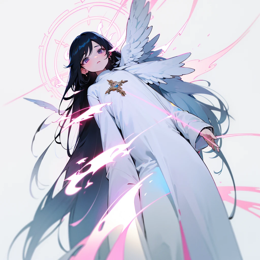 Biblically accurate angel, multiple eyes, rings of fire, cute, long black hair, thone, androgenous, long white tunic, baby blue light pink and white color scheme,