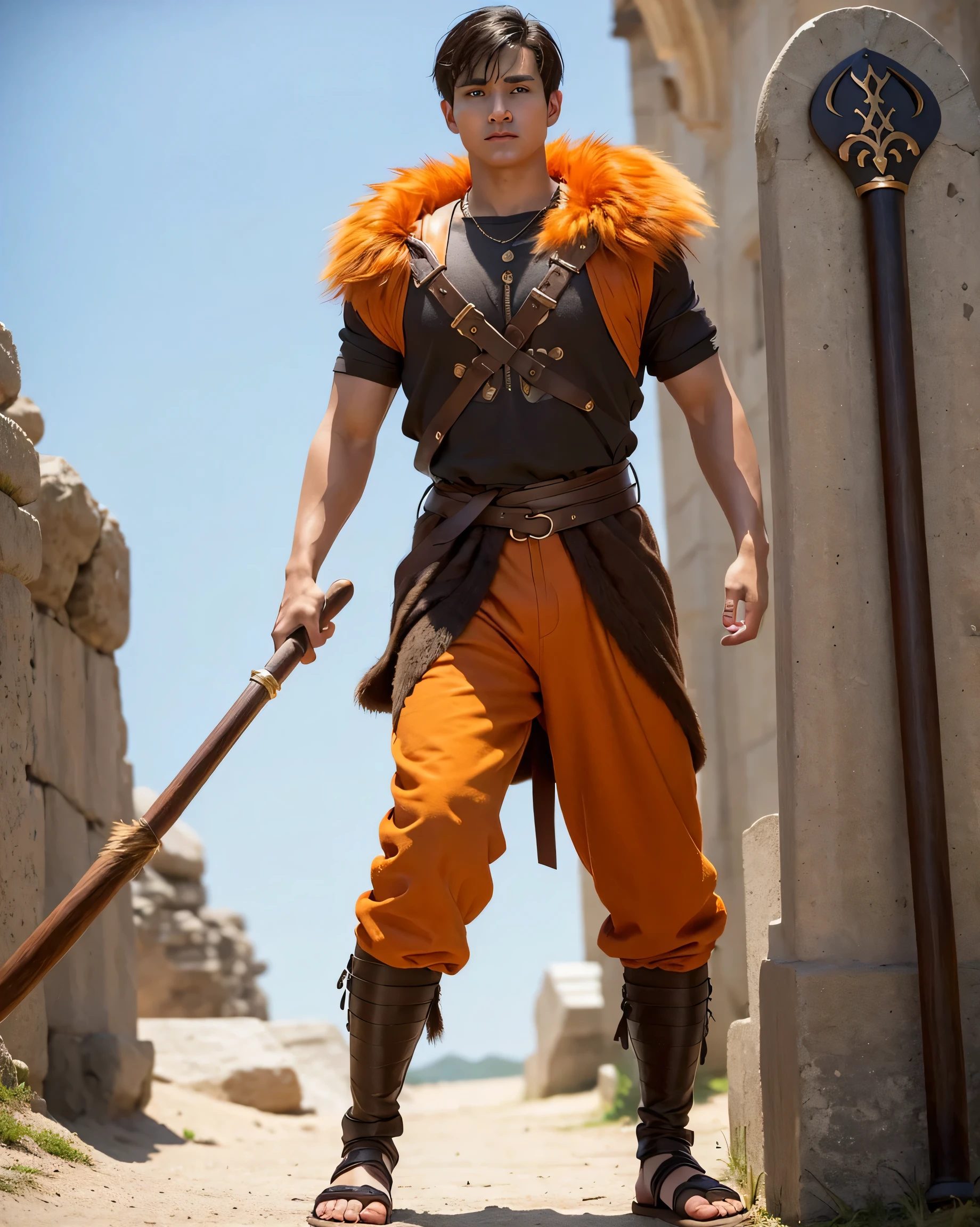 Youth with short black hair and brown eyes, fair skin and clean-shaven, dressed in short orange medieval barbarian fur tunic and trousers, weilding giant axe, sandals; fullbody; short hair, masculine, athletic