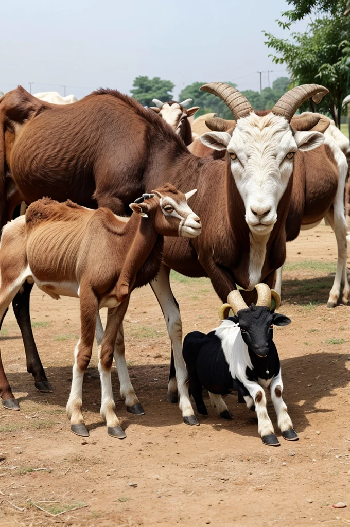 Make various templates for Eid ul adha Mubarak 2024 with a packed meat and animated picture of goat sheep camel and male cow