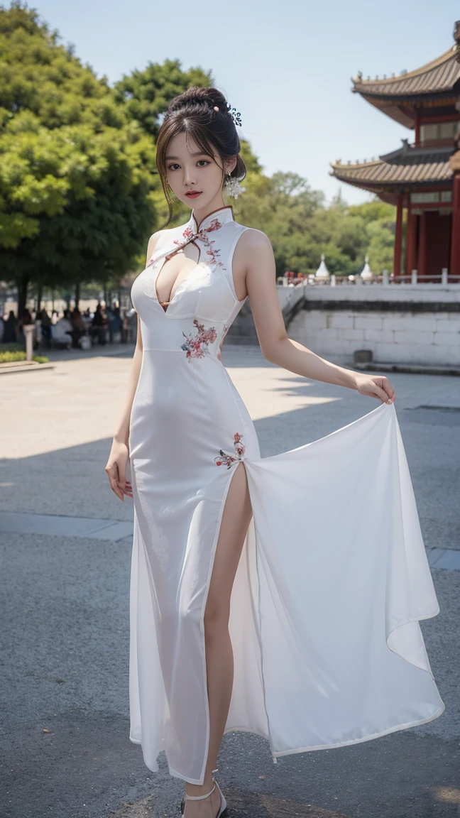 Full body of a girl standing in a Chinese palace square，Standing whole body，Wearing a long, sexy qipao，A fitted qipao，Long side slits up to waist height，You can see her string panties through the slit，Bewitching Girl，Long eyelashes，double eyelid，Detailed eyes，Large Breasts，Small waist，Attractive thighs，Long legs，Perfect proportions，Perfect body，Anatomically accurate body，I am looking at this，Thin fabric cheongsam，Cleavage，masterpiece，Photorealistic，High resolution，High definition，Highest quality，