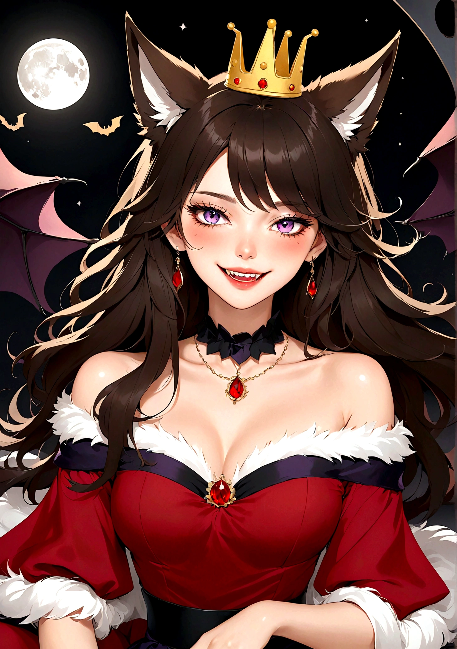 Vector,flat,Simple and smooth lines,A beautiful illustration:Big Bad Wolf:1.37.frying pan:1.37 Beautiful girl sitting elegantly,(((She has a beauty spot:1.37))),Purple Eyes,Delicate lashes,Smile,Smooth skin,Long black hair,Wolf ears, Small Crown,Gorgeous red dress,温顺的Big Bad Wolf。Correct human anatomy,moonlight,bat