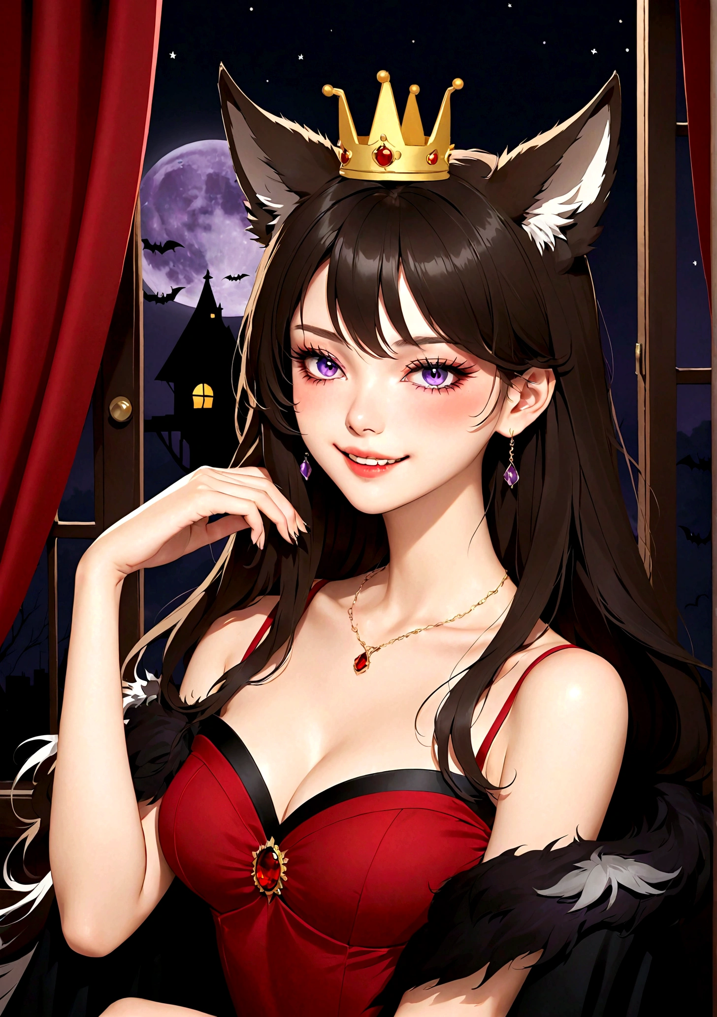 Vector,flat,Simple and smooth lines,A beautiful illustration:Big Bad Wolf:1.37.frying pan:1.37 Beautiful girl sitting elegantly,(((She has a beauty spot:1.37))),Purple Eyes,Delicate lashes,Smile,Smooth skin,Long black hair,Wolf ears, Small Crown,Gorgeous red dress,温顺的Big Bad Wolf。Correct human anatomy,moonlight,bat