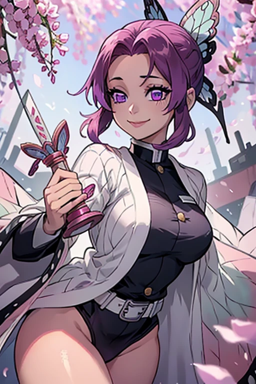 A pink haired woman with violet eyes with an hourglass figure in a Demon Slayer uniform is smiling in a flurry of peony petals
