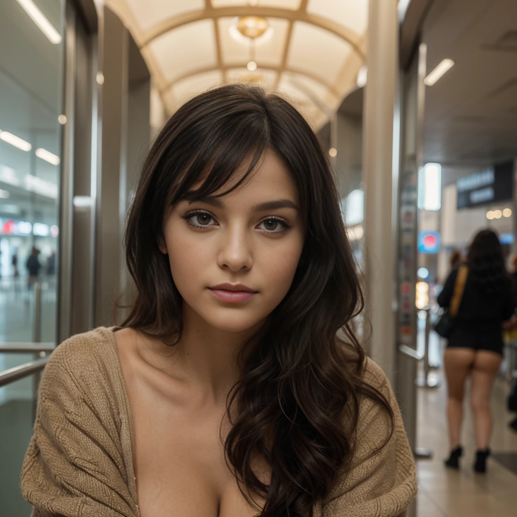 (une jeune fille colombienne de 21 ans)),((long curly black hair)),yeux marrons ,(((maquillage naturel,peau radiante,,peau douce,enchanteur))),who is waiting at the airport with his suitcases with a winter outfit ,gros cul rond,arched back,pose sexy,((post bad)),((texture de peau ultra réaliste)),(),profiter,Haut du corps,chef-d'artwork,realistic face,8k,yeux parfaits,Fujifilm XT3,Heure d'or,85mm,Best quality,high resolution