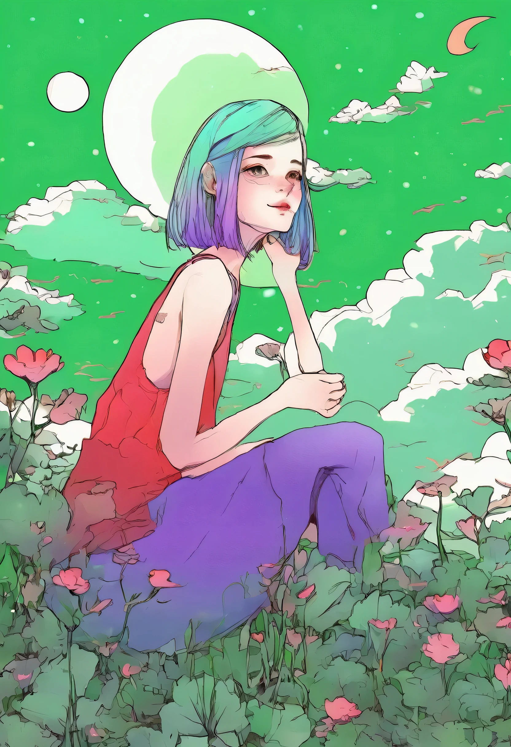 A girl playing with a cat, bangs,is short、sea-green Tank top、Red and blue gradient hair, Full moon、evening, ginkgo leaf, Slope, Slope background, Slope sky, Tank top、bangsis short、 Long Hair, moon, Spring Green Background, Purple Sky, alone, sunset, Twilight, Upper Body, Green background, crimson sky, Malachite's Theme, Pop Surrealism , Highest quality、Drawing paper texture、pop surrealism
pop art
drawing、Sendangle Art