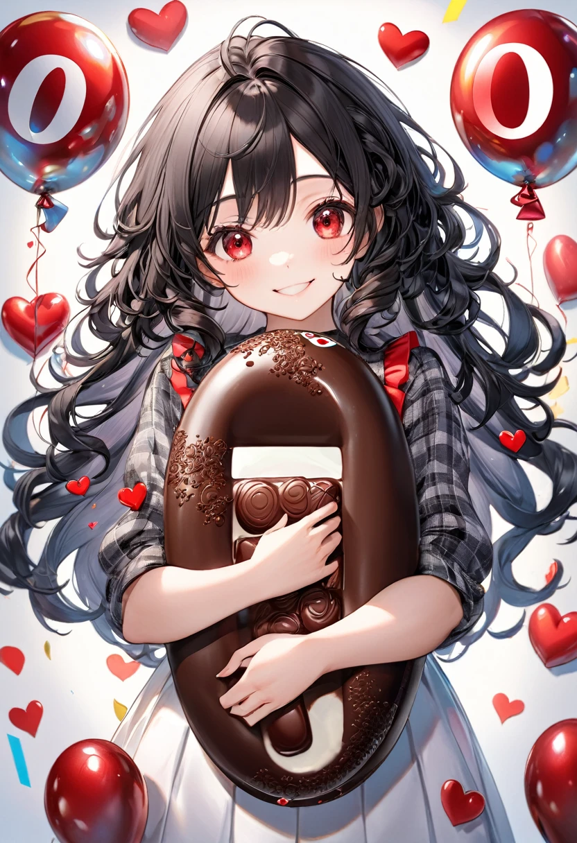 (15 yo, solo curly:1.2 black hair long hair cute girl, cute red eyes, love smile), (hand holding a biggest shape of number 0:1.5 for chocolate), perfect anatomy, masterpiece, best quality, 16k, beautiful detailed grow, daydreaming expression.