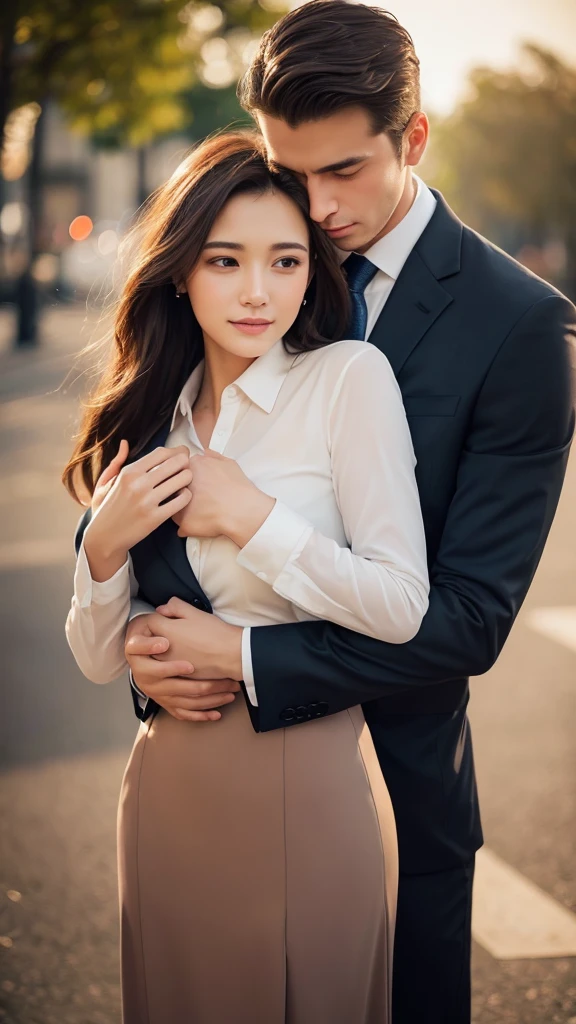 best quality,realistic,man in suit,beautiful woman,hugging from behind,seamless interaction,detailed facial features,gentle expression,tasteful background setting,romantic atmosphere,warm lighting,vivid colors,professional photography,soft focus,blurred background,subtle elegance,artistic composition,high-resolution,love and affection,lovers,emotional connection,embrace,