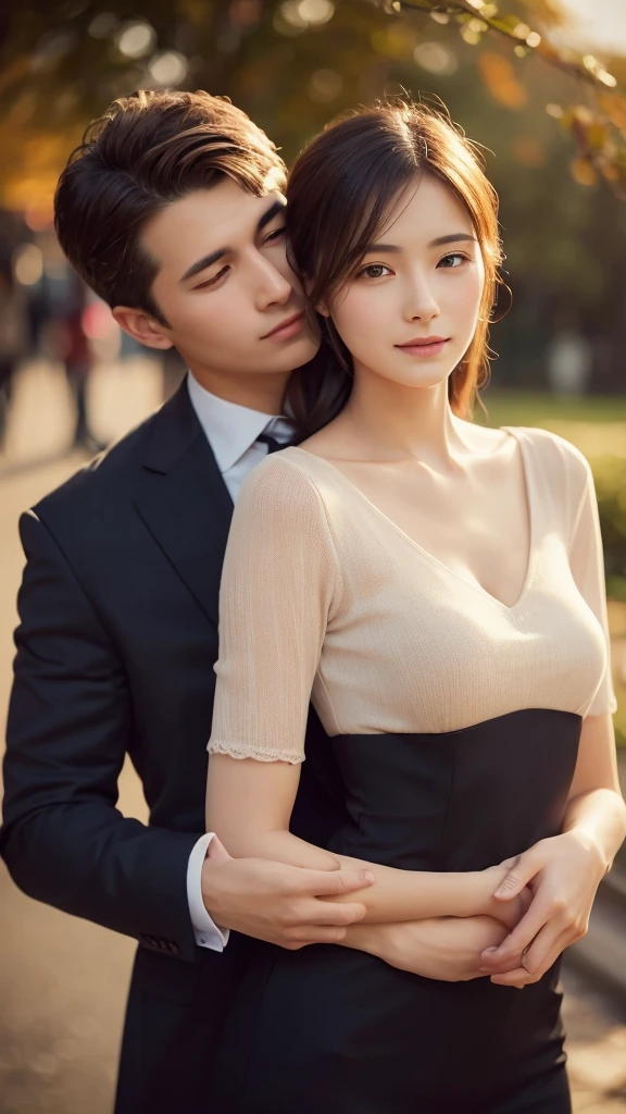 best quality,realistic,man in suit,beautiful woman,hugging from behind,seamless interaction,detailed facial features,gentle expression,tasteful background setting,romantic atmosphere,warm lighting,vivid colors,professional photography,soft focus,blurred background,subtle elegance,artistic composition,high-resolution,love and affection,lovers,emotional connection,embrace,
