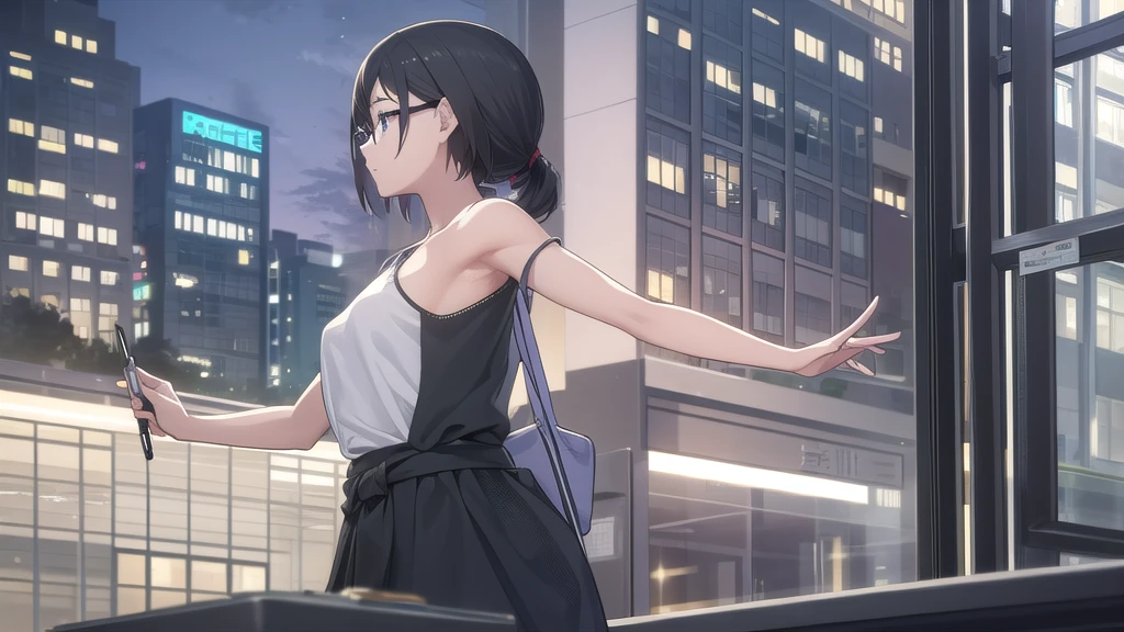 A beautiful female college student,  screen in front of window,  Overlooking the city projected on the screen, cafe,  window behind white desk, city view, overlooking the cityscape, notebook, Holding a pen in one hand, glasses, black hair, midsummer loungewear, cool clothes, ((skin under one armpit)), ((flank skin)), intellectual atmosphere, dark lighting,  knowledge, scholarship, study tools, enthusiasm, calm environment, taking notes, enthusiasm, immersion, inquisitiveness, research,　concentration, sense of accomplishment, pursuit of knowledge, academic pursuit,  academic inquisitiveness, cinematic lighting, Sony FE GM, masterpiece, top quality, 4K, academic atmosphere, (masterpiece), (best quality), ultra-high res, sharp focus, beautiful detailed hair