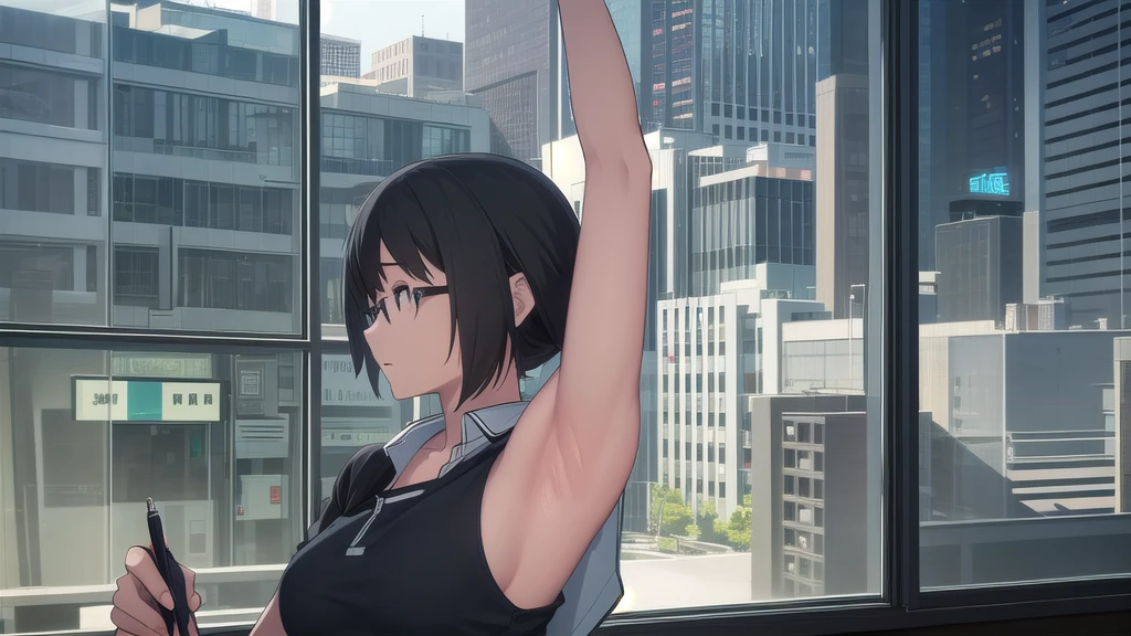 A beautiful female college student,  screen in front of window,  Overlooking the city projected on the screen, cafe,  window behind white desk, city view, overlooking the cityscape, notebook, Holding a pen in one hand, glasses, black hair, midsummer loungewear, cool clothes, ((skin under one armpit)), ((flank skin)), intellectual atmosphere, dark lighting,  knowledge, scholarship, study tools, enthusiasm, calm environment, taking notes, enthusiasm, immersion, inquisitiveness, research,　concentration, sense of accomplishment, pursuit of knowledge, academic pursuit,  academic inquisitiveness, cinematic lighting, Sony FE GM, masterpiece, top quality, 4K, academic atmosphere, (masterpiece), (best quality), ultra-high res, sharp focus, beautiful detailed hair