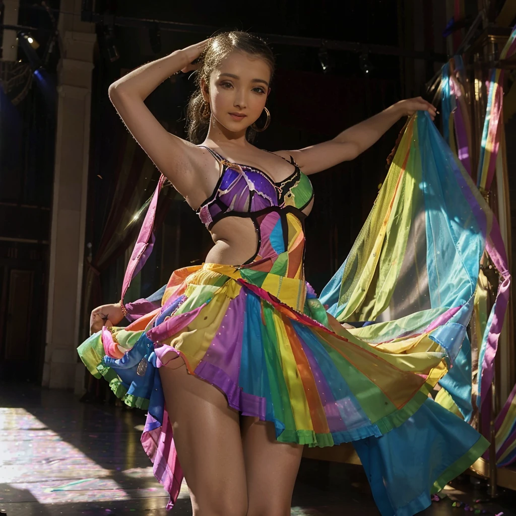 A dancer in a colorful lovely sheer dress twirls and dances on the stage, a bad plays in the background
