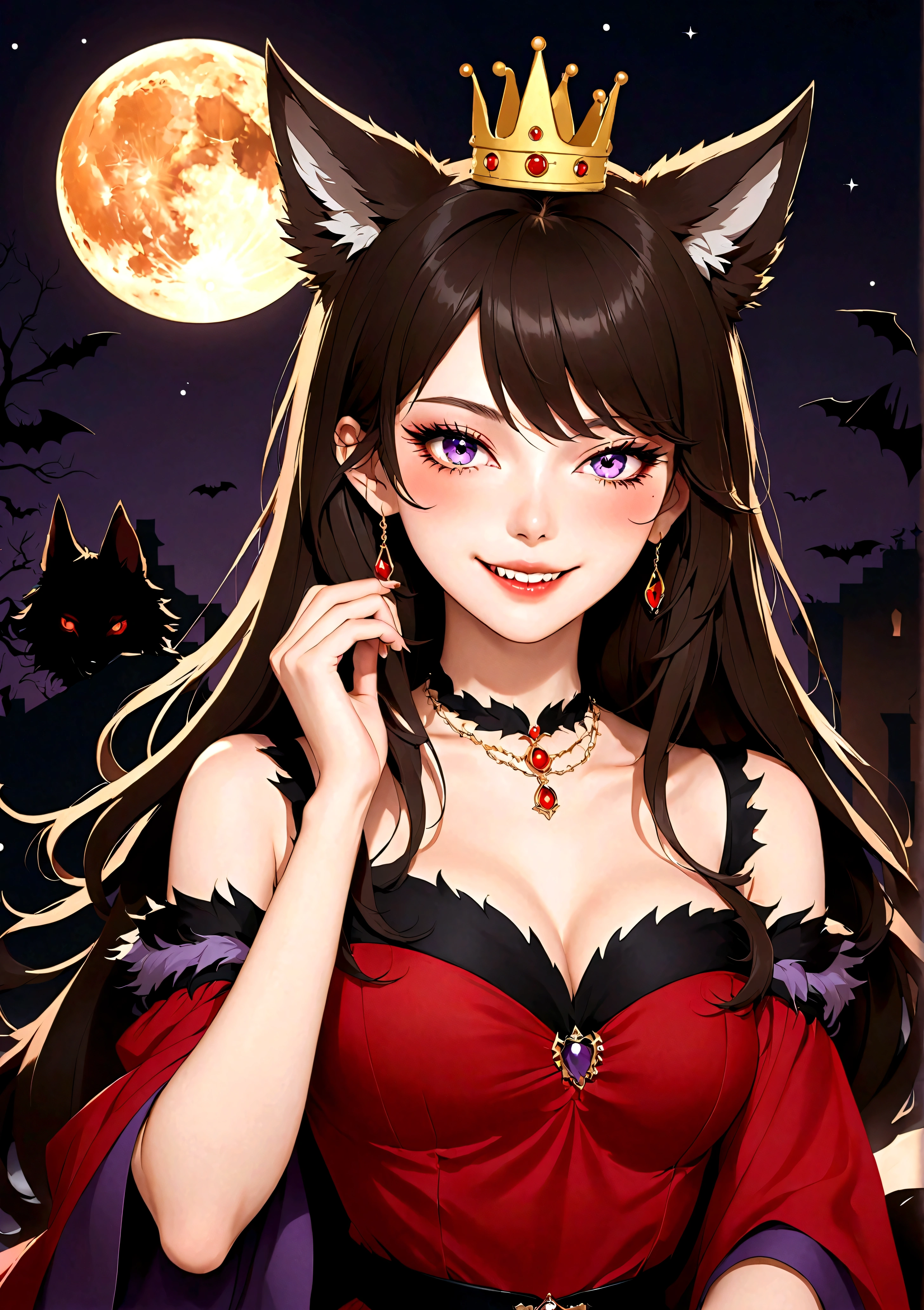 Vector，flat，Simple and smooth lines，A beautiful illustration：Big Bad Wolf:1.37.frying pan:1.37 Beautiful girl sitting elegantly，(((She has a beauty spot:1.37)))，Purple Eyes，Delicate lashes，Smile，Smooth skin，Long black hair，Wolf ears， Small Crown，Gorgeous red dress，温顺的Big Bad Wolf。Correct human anatomy，moonlight，bat