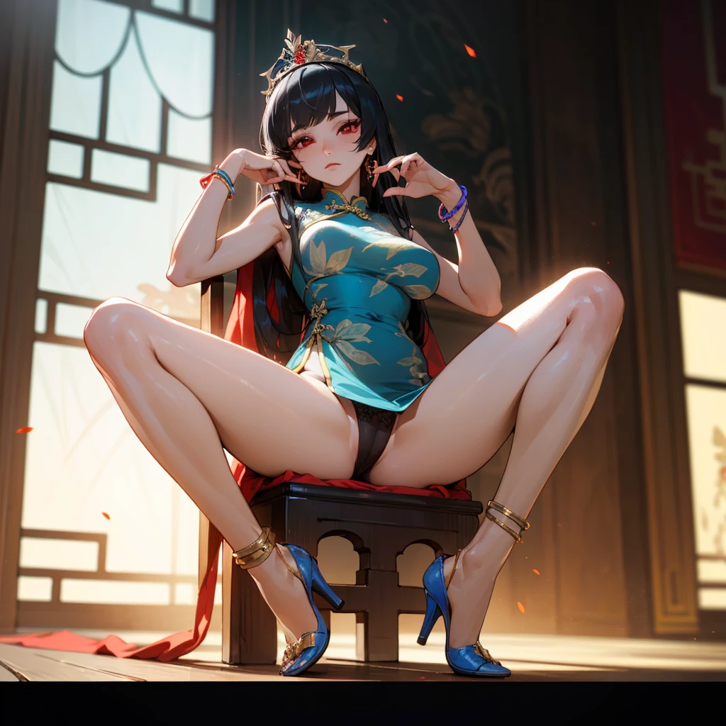 (((8K, masterpiece, best quality, ultra detailed, photorealistic, RAW photo))), HDR, lens flare, particles, chinese gorgeous royal style, A cute chinese princess on a throne in a palace, (composition close to her), (perfect anatomy), spread legs, lift up skirt, show off panty, ((detailed short cheongsam, detailed face, detailed smooth skin legs, detailed red eyes, detailed straight black hair)), large breasts, many large presence accessaries, stiletto heel, tiara, hair ornaments, earrings, bracelets, anklets, trinkets, smoky makeup, eyeshadow, heavy makeup,
