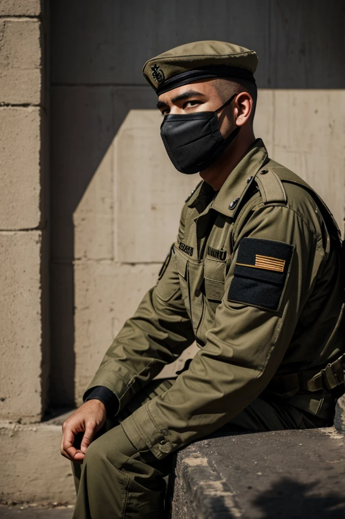 A soldier with a mask sitting and looking forward in realistic shadows