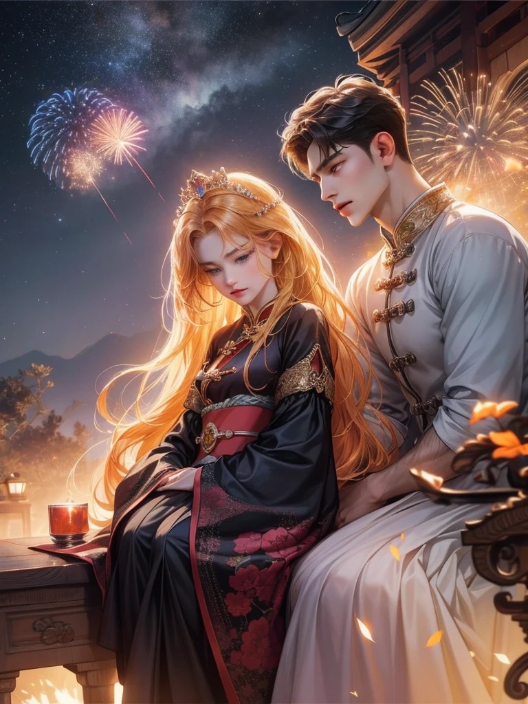 (1 man and 1 woman looking at each other on the arch bridge),princess, Crown Prince, Light tones, Red and purple, dreamy scenes, warm color,Huge Moon, Fireworks, Starry sky, Triangular composition, rich details, Faraway view,Chinese traditional painting,Jade,lanscape,auspicious,Light background,Best quality, Pastel,Soft light,4K,ultra-wide-angle,The lens is farther away,in a panoramic view