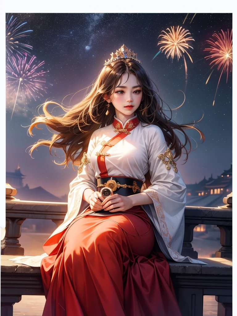 （1 man and 1 woman looking at each other on the arch bridge），princess, Crown Prince, Light tones, Red and purple, dreamy scenes, warm color,Huge Moon, Fireworks, Starry sky, Triangular composition, rich details​, Faraway view,Chinese traditional painting，Jade，lanscape，auspicious，Light background,Best quality, Pastel,Soft light,4K,ultra-wide-angle，The lens is farther away，in a panoramic view