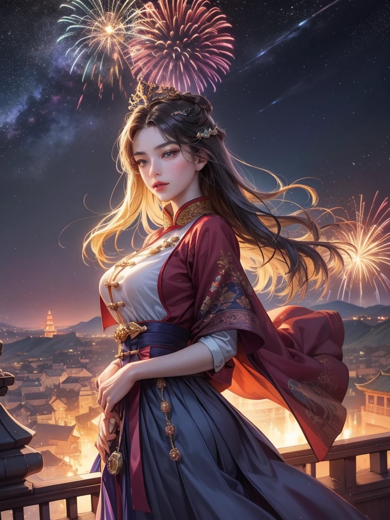 (1 man and 1 woman looking at each other on the arch bridge),princess, Crown Prince, Light tones, Red and purple, dreamy scenes, warm color,Huge Moon, Fireworks, Starry sky, Triangular composition, rich details, Faraway view,Chinese traditional painting,Jade,lanscape,auspicious,Light background,Best quality, Pastel,Soft light,4K,ultra-wide-angle,The lens is farther away,in a panoramic view