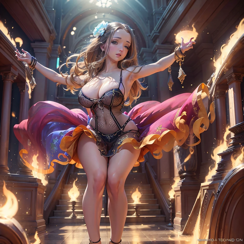 A dancer in a colorful lovely sheer dress, twirling and dancing on stage, a band playing in the background, cinematic lighting, vibrant colors, (best quality,4k,8k,highres,masterpiece:1.2),ultra-detailed,(realistic,photorealistic,photo-realistic:1.37),dynamic pose, intricate details, stunning visuals, ethereal, graceful movements, elegant, mesmerizing